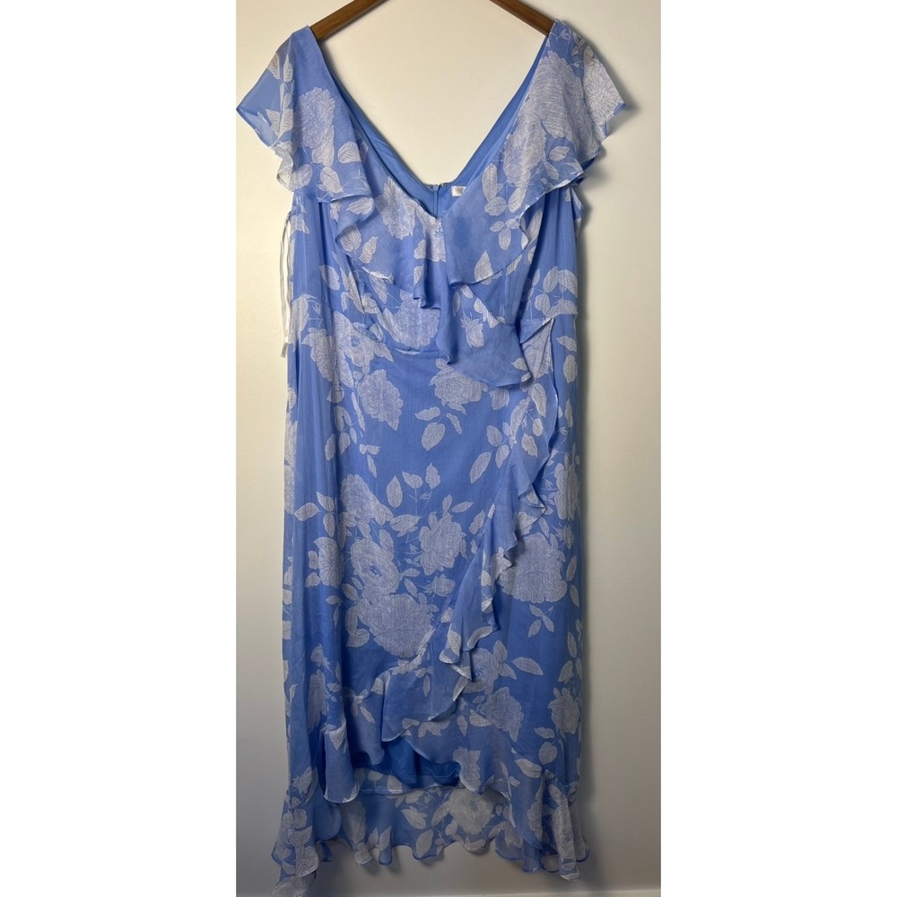 London Times Wm 16W Blue Floral Ruffle High-Low Midi Dress V-Neck Chiffon Boho